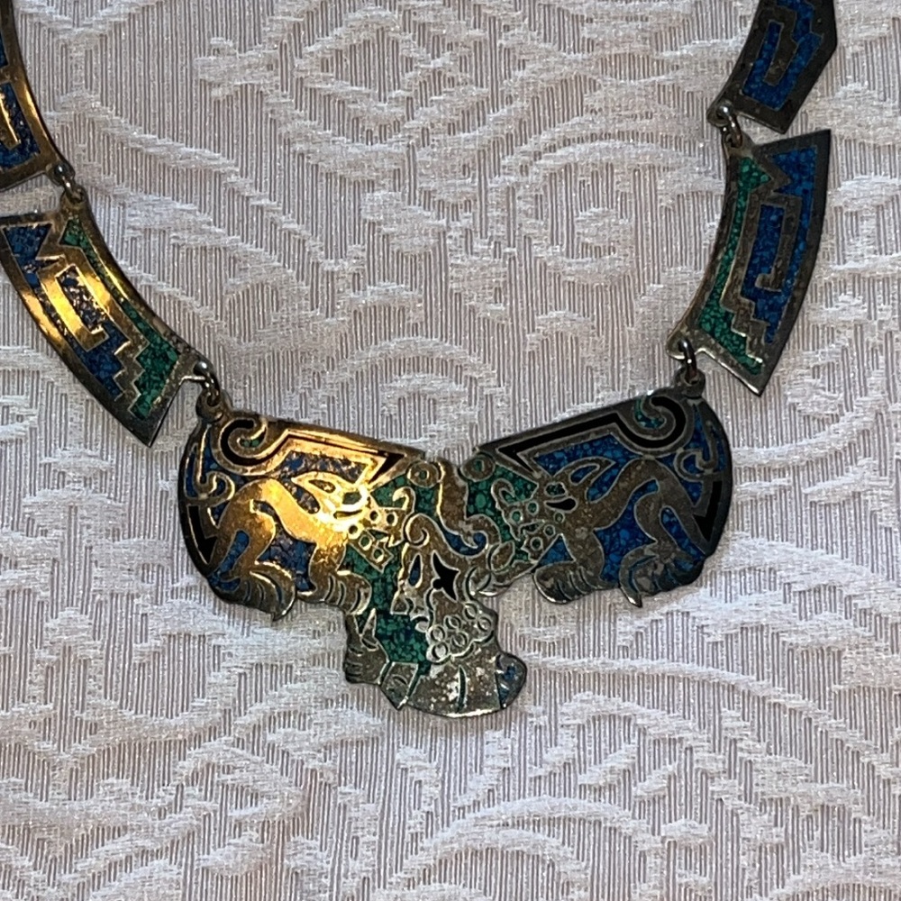 Vintage Mexico Alpaca BIb Necklace Choker Silver With Turquoise Inlay EUC - Picture 5 of 11